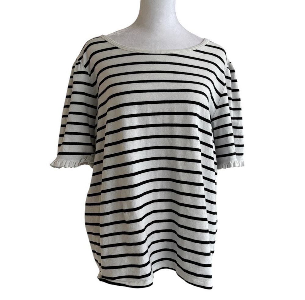Anne Klein Black White Striped Puff Sleeve Knit Top Crew Neck Sz XL